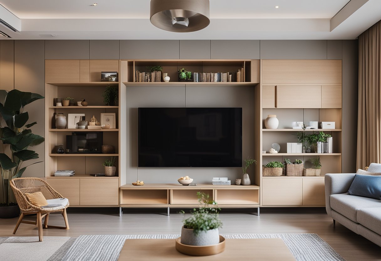 A cozy living room in Singapore with clever space-saving furniture and built-in storage solutions, featuring a neutral color palette and natural lighting