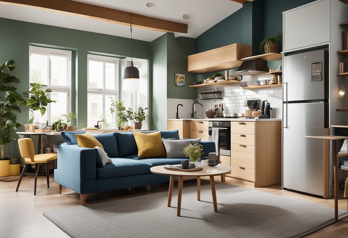 A cozy 500 sq ft home with clever storage solutions, multifunctional furniture, and bright, airy colors. The living room seamlessly transitions into the kitchen, and a lofted bed maximizes floor space
