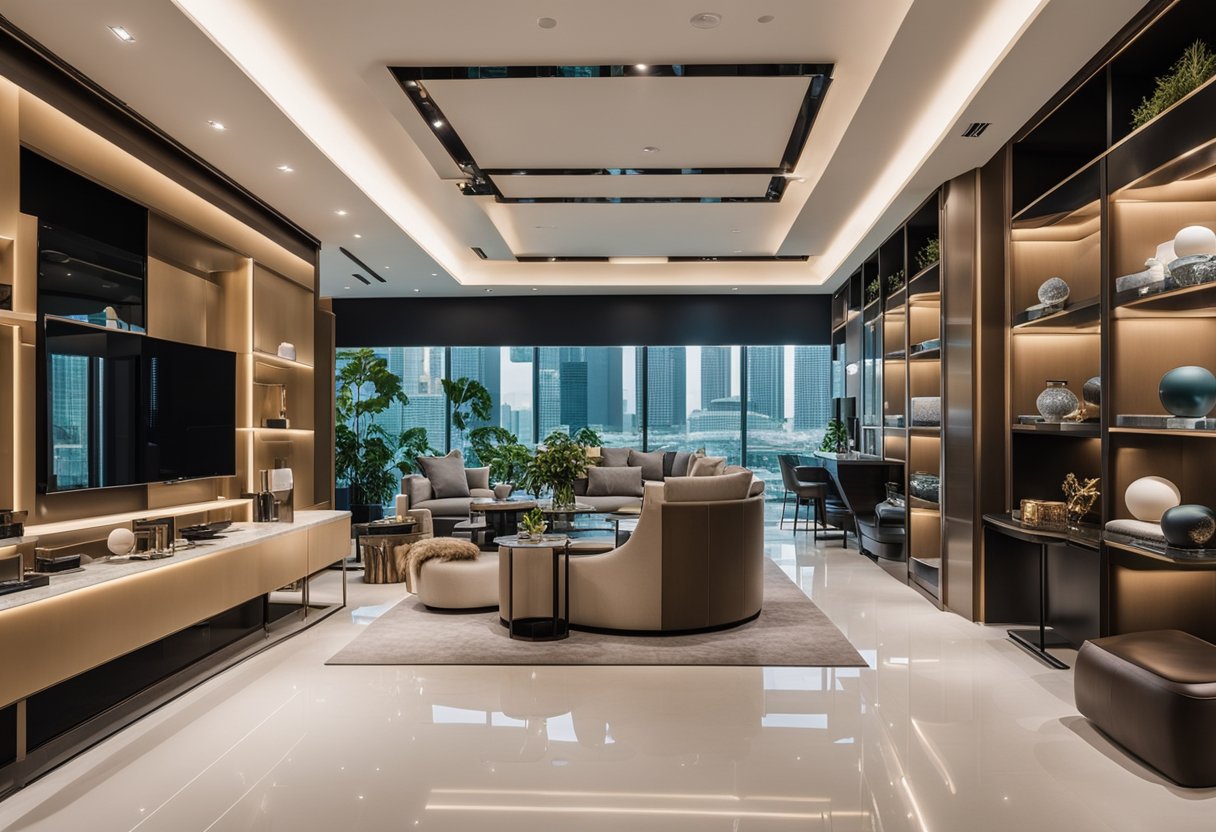 A luxurious and modern interior design showroom in Singapore, featuring sleek furniture, elegant decor, and a soothing color palette