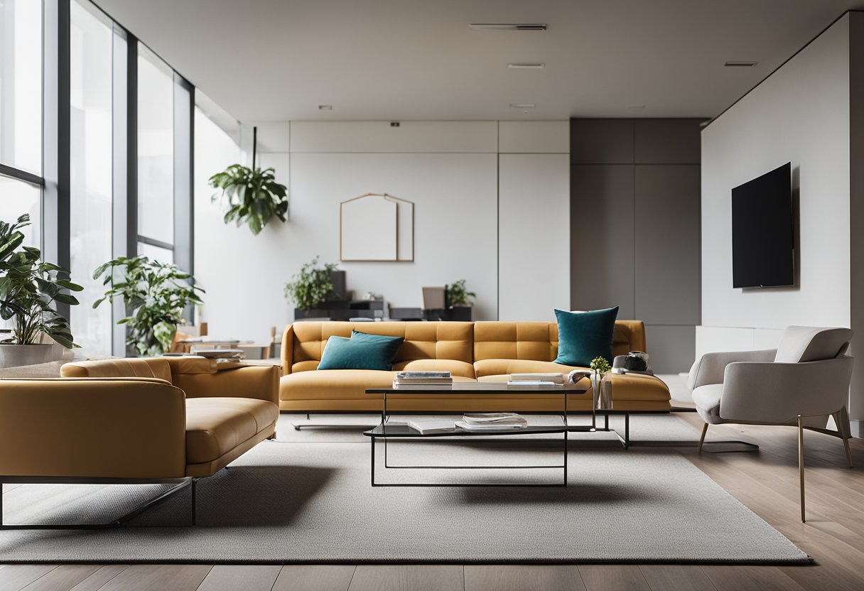 A modern, sleek interior with minimalist furniture and vibrant pops of color. Clean lines and open spaces create a sense of tranquility and sophistication