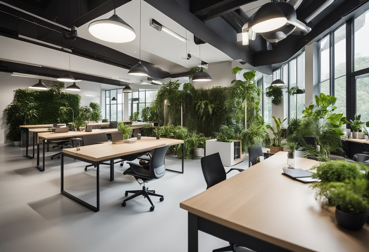 A modern green office with natural light, plants, and eco-friendly furniture. Clean lines and minimalist design create a calming, productive environment