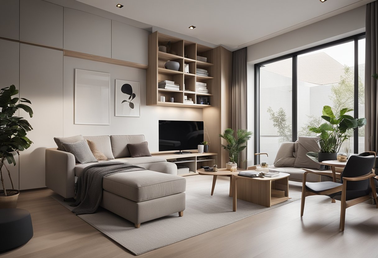 The 500 sq ft house interior features multifunctional furniture, space-saving storage solutions, and neutral color palette for a minimalist and modern design aesthetic