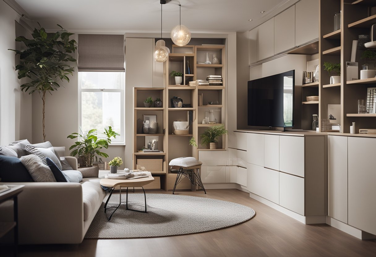A cozy 500 sq ft house interior with clever storage solutions, multifunctional furniture, and a neutral color palette creating a sense of spaciousness
