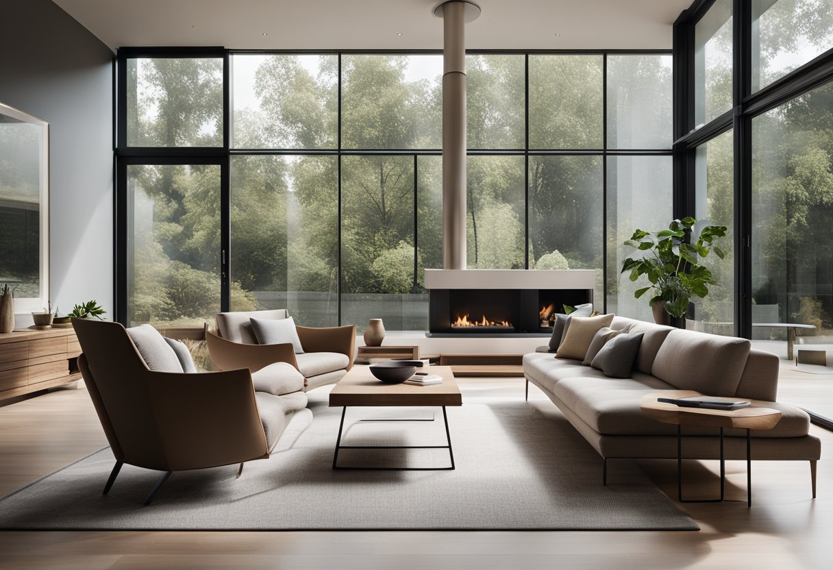 A modern living room with a minimalist design, featuring clean lines, neutral colors, and natural materials. A large window lets in ample natural light, and a cozy seating area is centered around a sleek fireplace