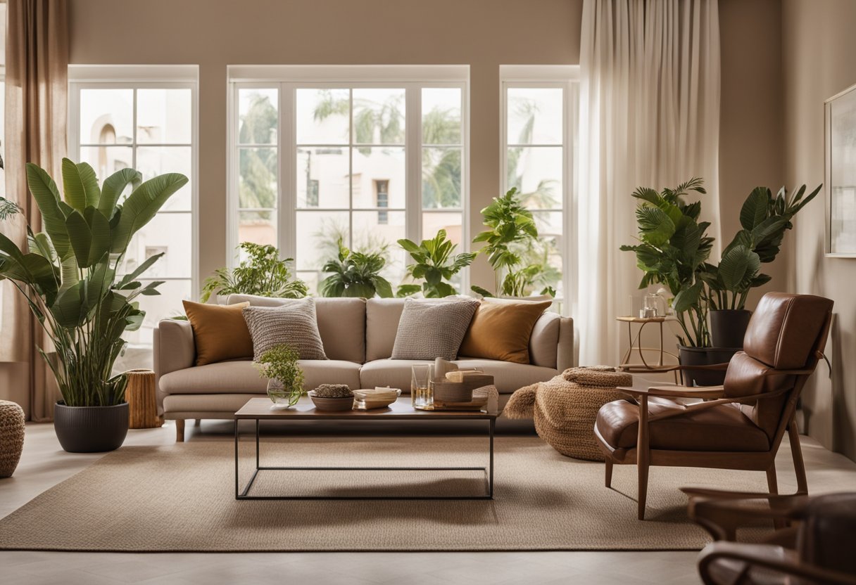 A cozy living room with warm earthy tones, soft lighting, and plush furniture. A large, statement artwork adorns the wall, while potted plants add a touch of nature