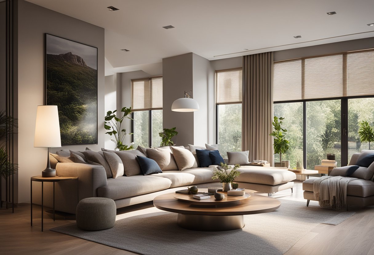 A modern living room with sleek furniture, a cozy sofa, and a statement wall art. Bright natural light streams in from large windows, creating a warm and inviting atmosphere