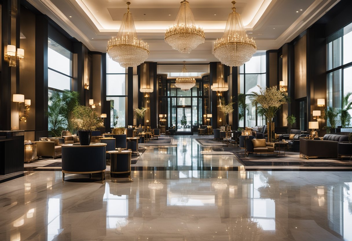 Luxurious hotel lobby with HBA's signature style: opulent chandeliers, sleek marble floors, and plush velvet seating. Rich color palette and intricate details showcase HBA's global influence in interior design