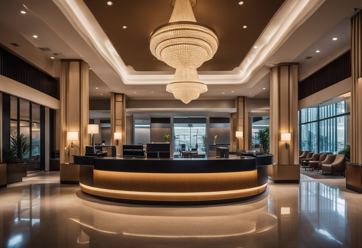 The hotel lobby features modern furniture, a sleek reception desk, and a grand chandelier hanging from the high ceiling. A warm color palette and plush carpeting create a welcoming atmosphere