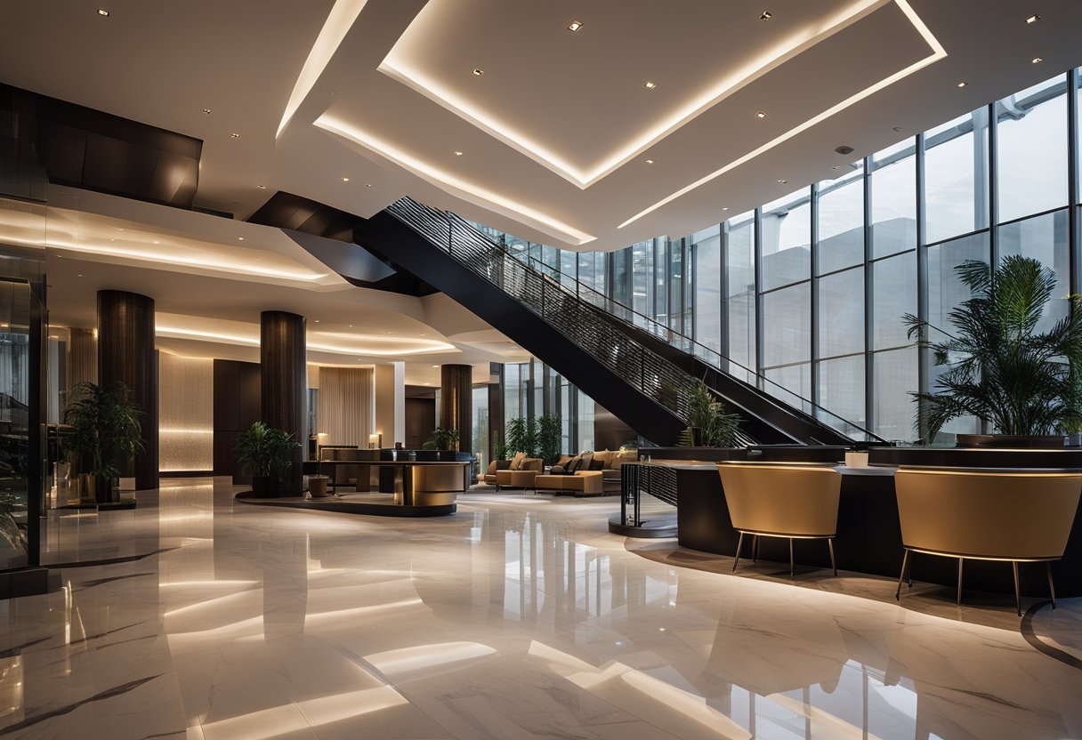 A modern hotel lobby with sleek furniture, ambient lighting, and a grand staircase leading to upper floors