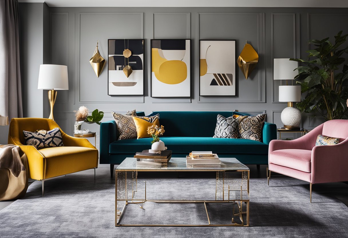 A modern living room with sleek furniture, bold patterns, and pops of vibrant color. A mix of textures like velvet, leather, and metal accents add depth and interest to the space