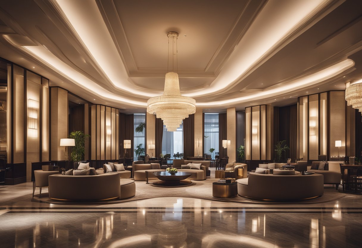 A luxurious hotel lobby with modern furniture, elegant lighting, and a grand staircase leading to upper floors