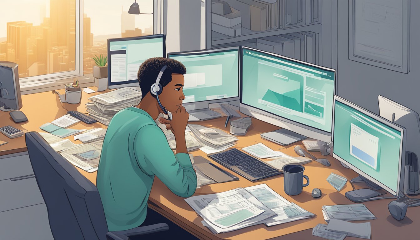A person sitting at a desk, surrounded by paperwork and a computer, answering phone calls and emails about personal money loan inquiries