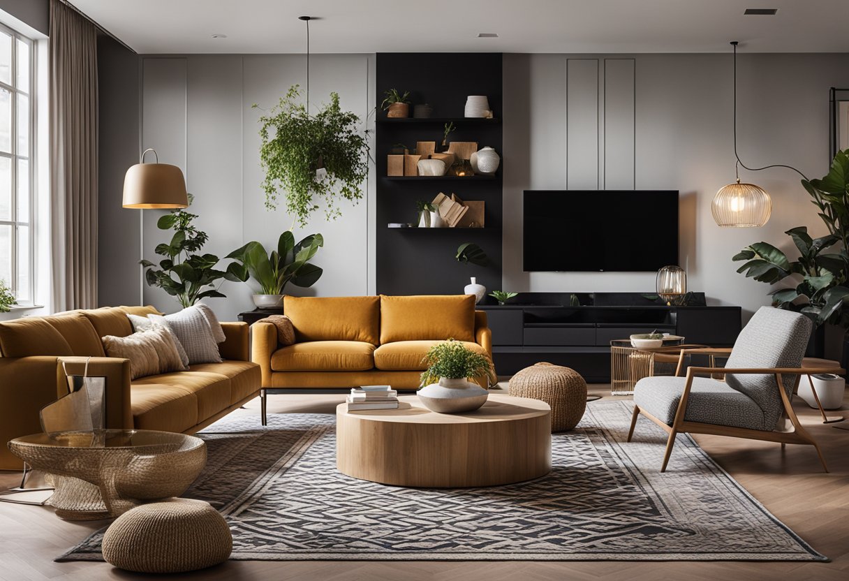 A modern living room with minimalist furniture, natural materials, and pops of bold color. Geometric patterns and statement lighting add visual interest