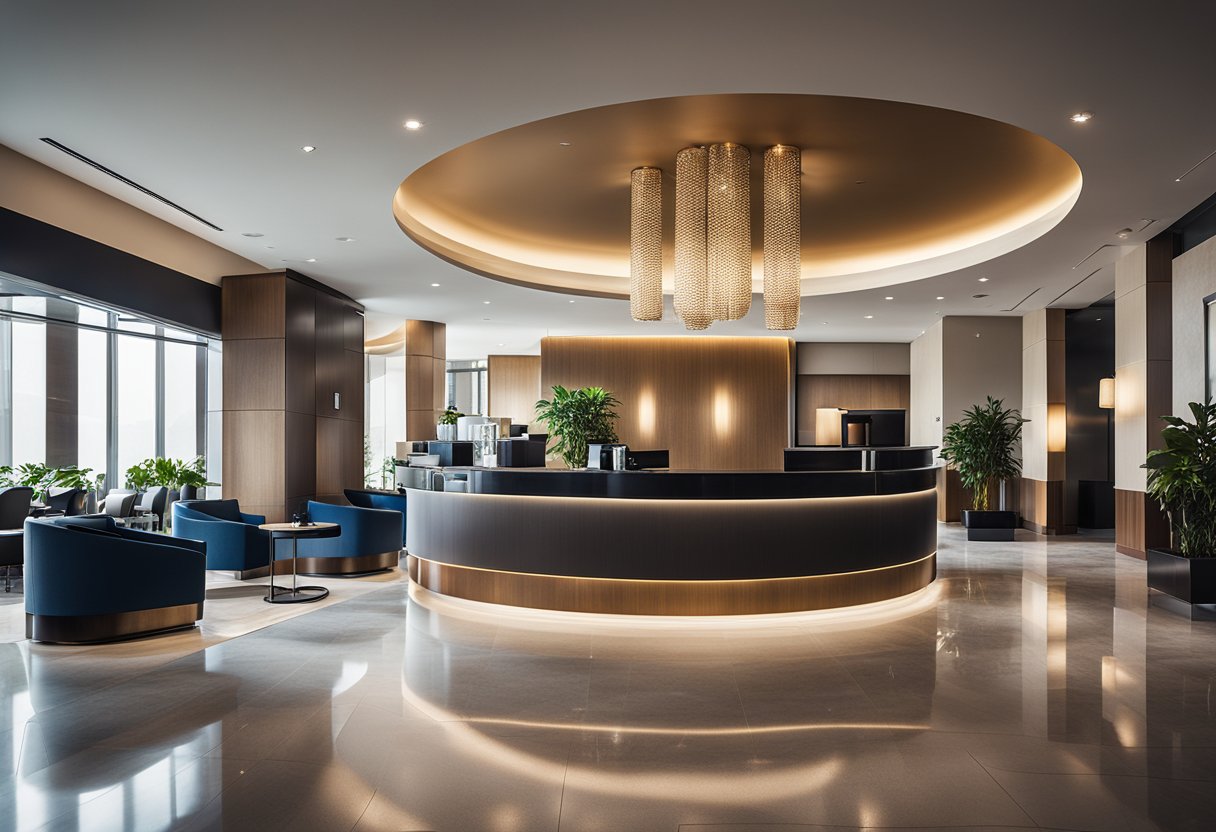 A modern hotel lobby with sleek furniture, a welcoming reception desk, and a feature wall showcasing frequently asked questions about the hotel's interior design