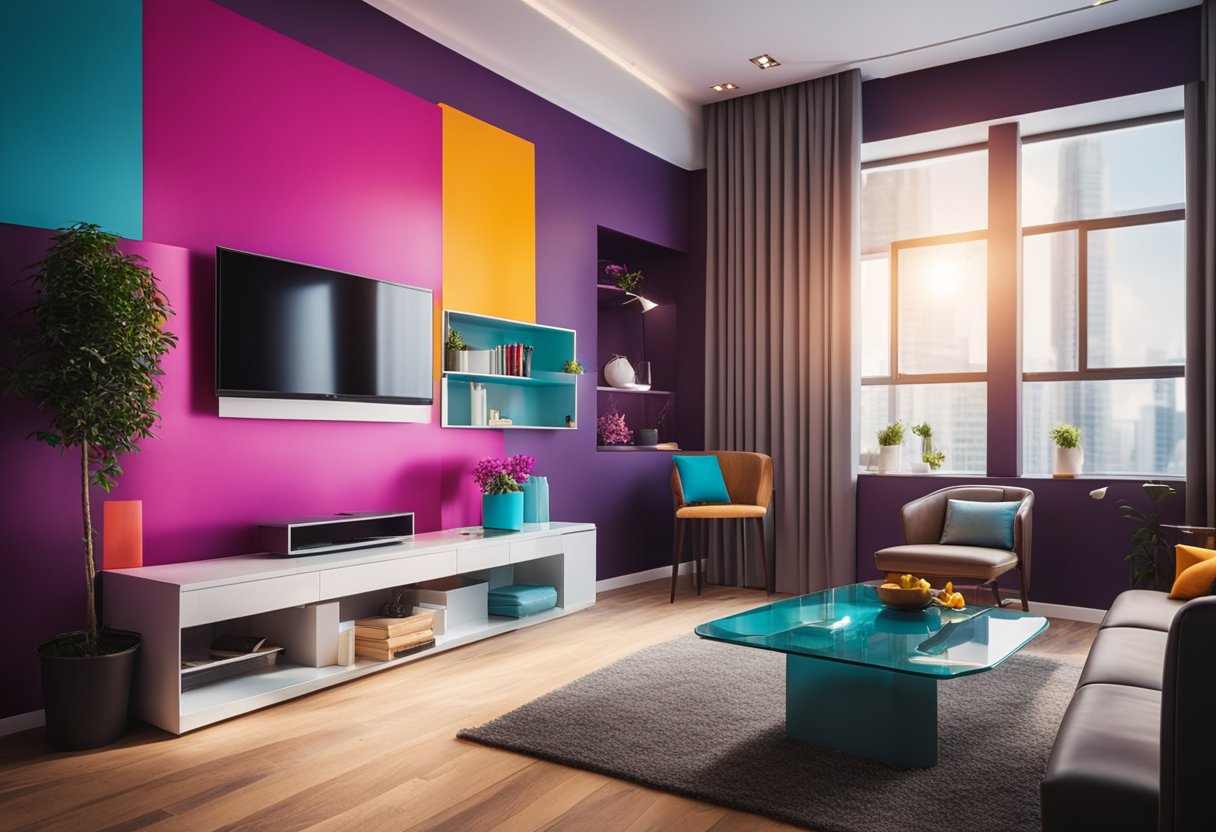 A room with vibrant hues and contrasting shades, showcasing the impact of color in interior design