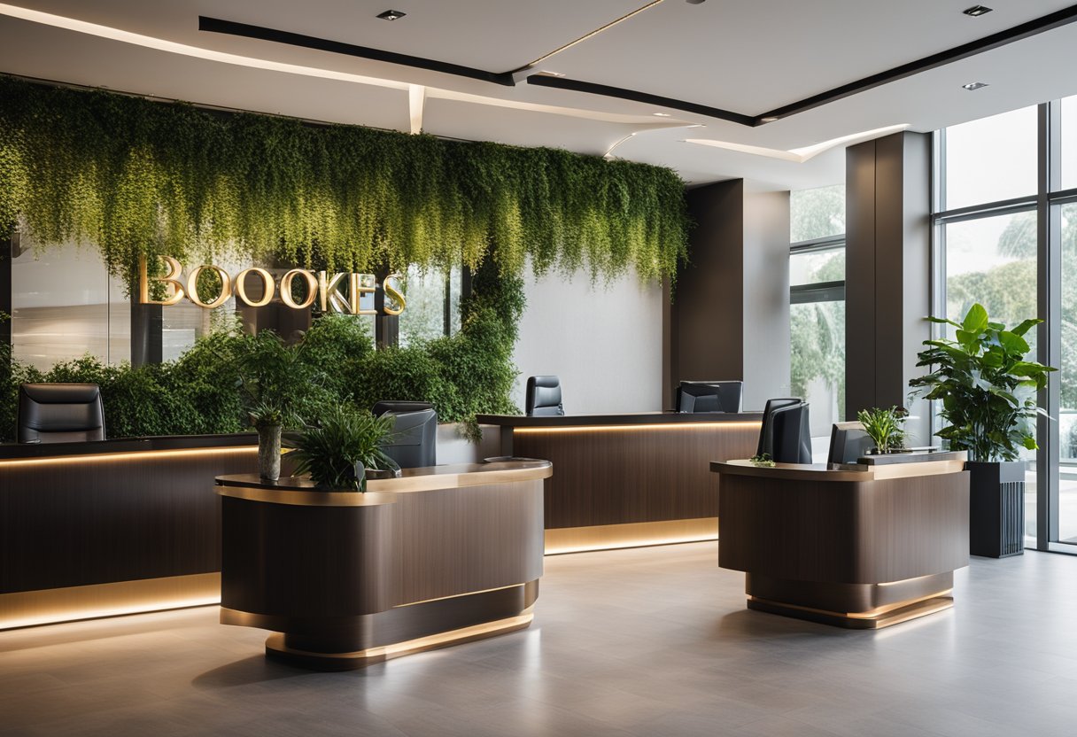 A modern lobby with sleek furniture, warm lighting, and a welcoming reception desk. The space is adorned with elegant artwork and lush greenery, creating a sophisticated and inviting atmosphere