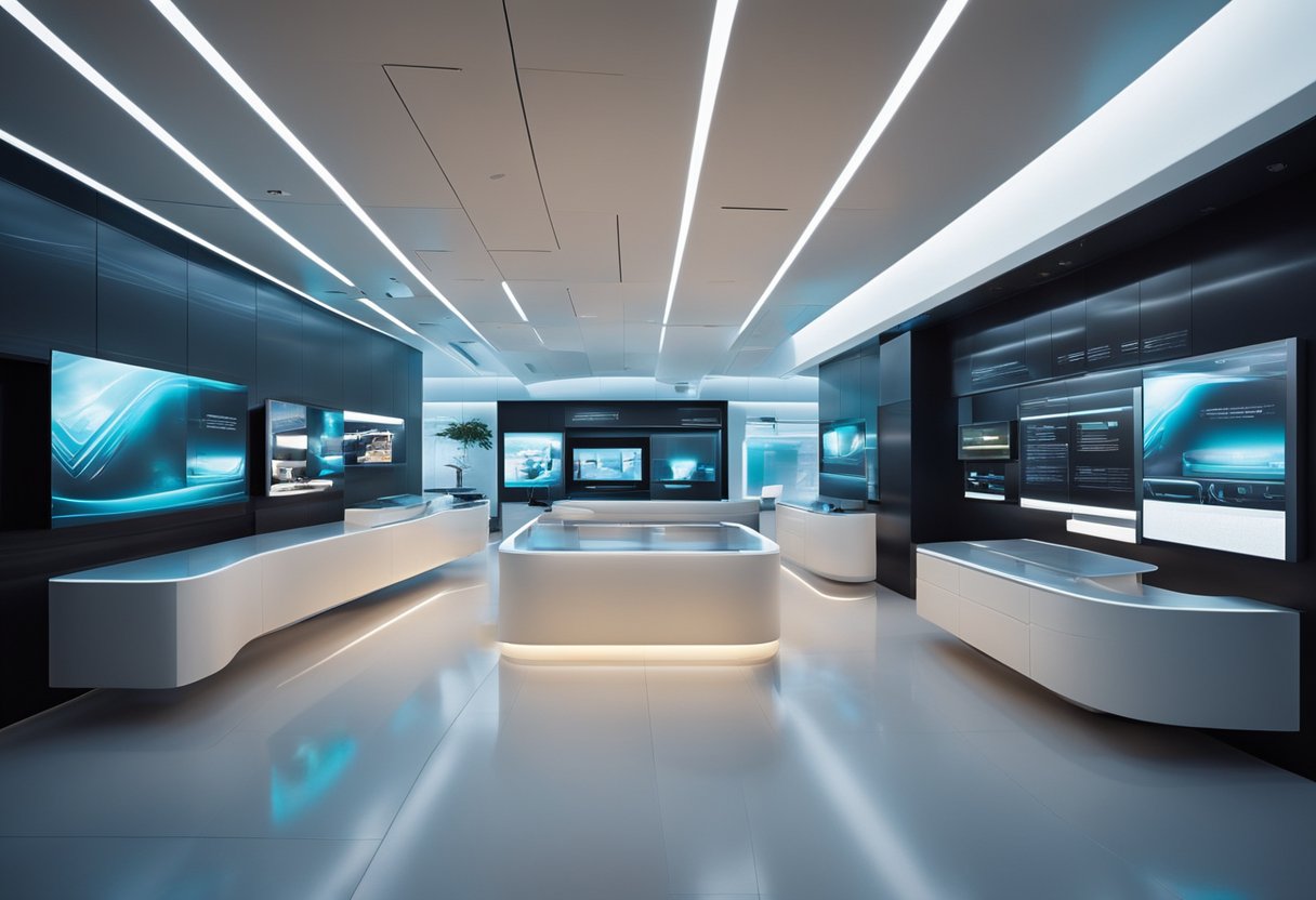 A sleek, futuristic interior with interactive exhibits and glowing displays. Clean lines and modern furniture create a sense of space and innovation