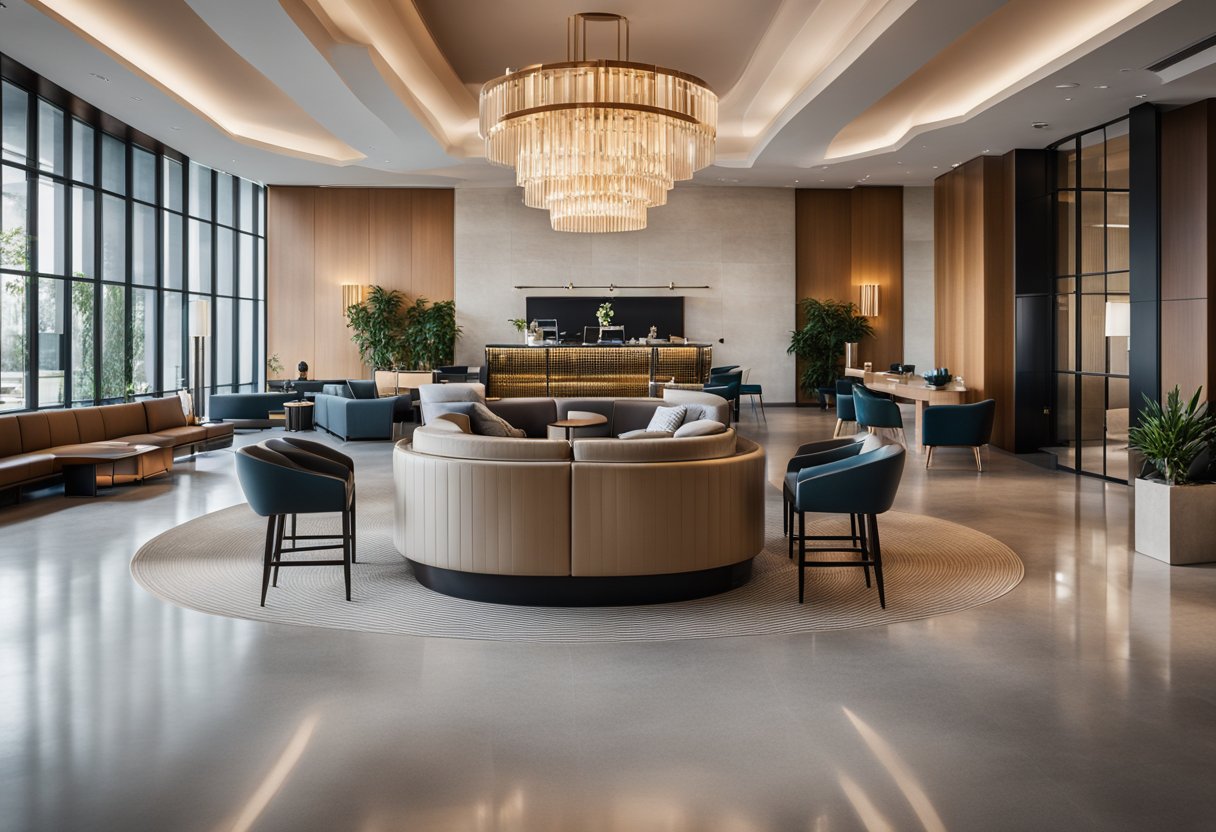 A modern hotel lobby with sleek furniture, a welcoming reception desk, and a stylish bar area. The space is filled with natural light and features a neutral color palette with pops of vibrant accents