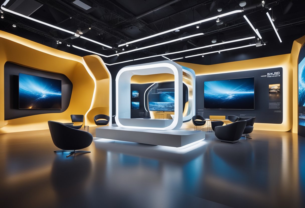 A spacious exhibition hall with dynamic lighting, modular display panels, and interactive multimedia installations. Bold colors and sleek furniture create a modern, welcoming atmosphere