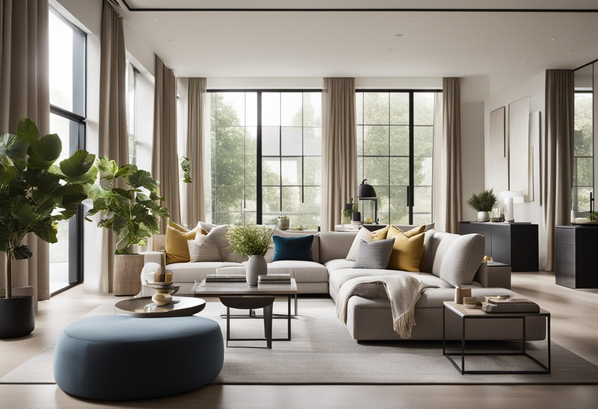 A modern living room with sleek furniture and neutral color palette, accented with vibrant artwork and decorative accessories. Large windows allow natural light to fill the space, creating a welcoming and inviting atmosphere
