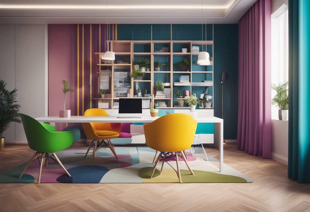 Vibrant colors being applied to a modern interior space with clean lines and minimalistic furniture