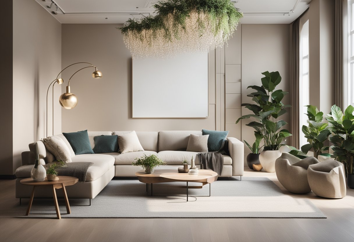 A room with modern furniture, plants, and art. Bright lighting and clean lines. Textured fabrics and neutral colors