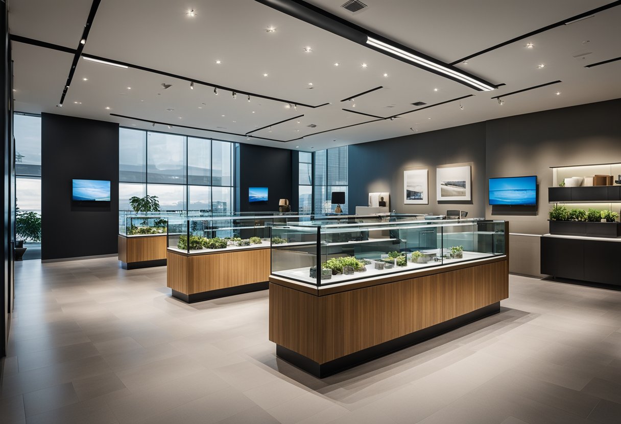 A modern, open-concept space with sleek furniture and ample natural light. Display cases and interactive exhibits line the walls, showcasing professional skills and knowledge