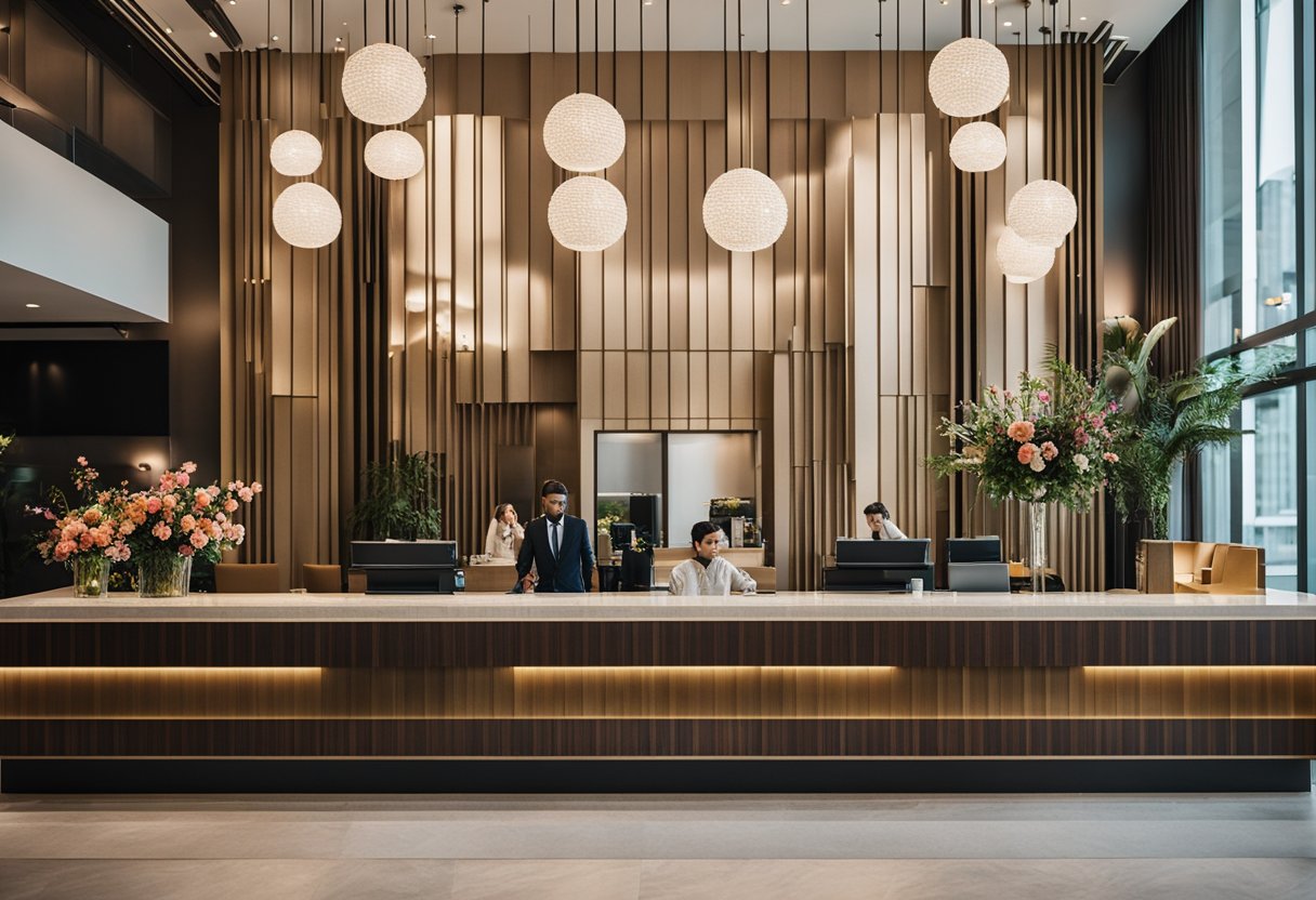 The bustling lobby of a modern hotel, with sleek furniture and vibrant artwork. The reception desk is adorned with fresh flowers, and guests are seen mingling in the stylish lounge area