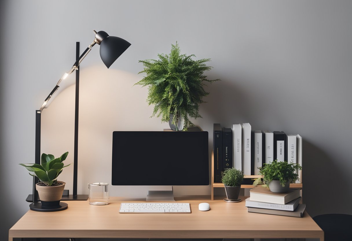 A modern office desk with a sleek computer, stylish desk lamp, and potted plant. A stack of design books and a minimalist wall clock adorn the clean, organized space