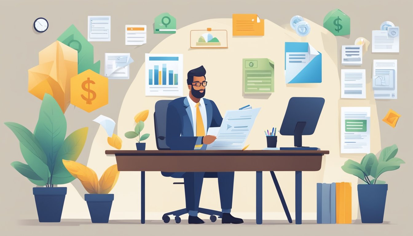 A salaried employee sits at a desk, reviewing paperwork. A bank representative explains the benefits of a personal loan. Icons representing financial security and flexibility surround them