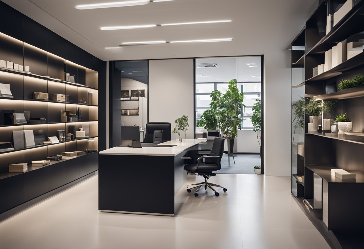 A modern office space with a sleek and stylish interior design, featuring a reception area with a polished desk and comfortable seating, surrounded by shelves displaying design catalogs and samples
