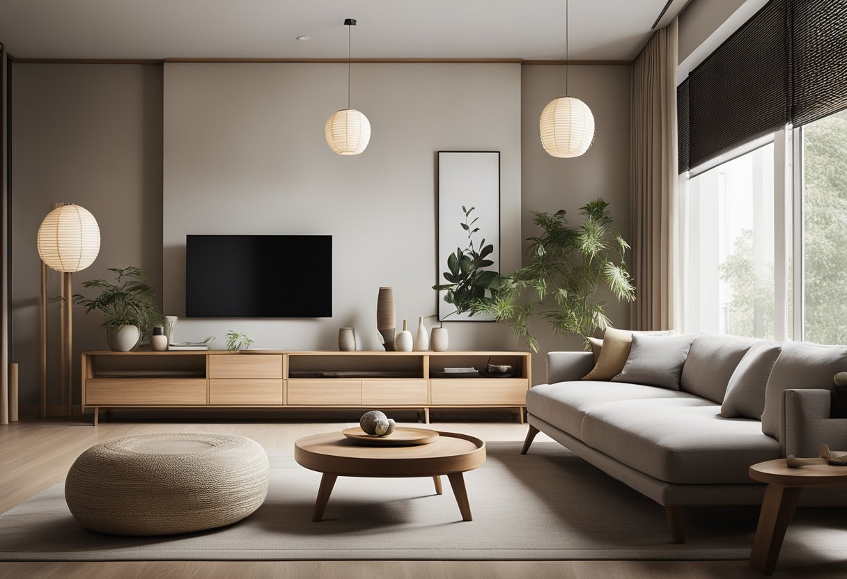 A sleek, minimalist living room with low-slung furniture, clean lines, and a neutral color palette. Asian-inspired accents like paper lanterns, shoji screens, and bamboo plants add a touch of modern oriental flair