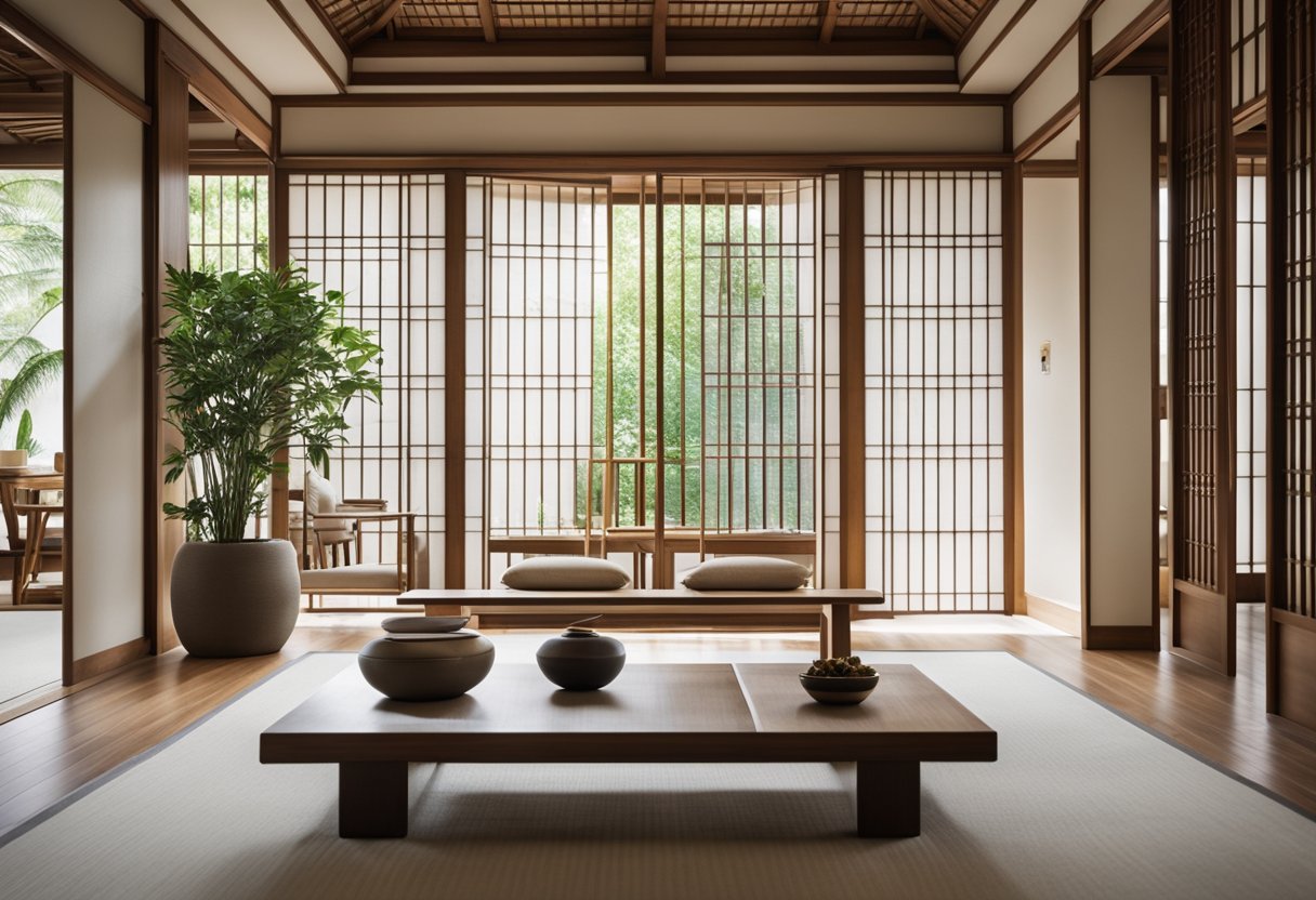 A serene modern oriental interior with clean lines, minimal furniture, and a neutral color palette. Traditional Asian elements like shoji screens, bamboo accents, and low seating create a balanced and harmonious space