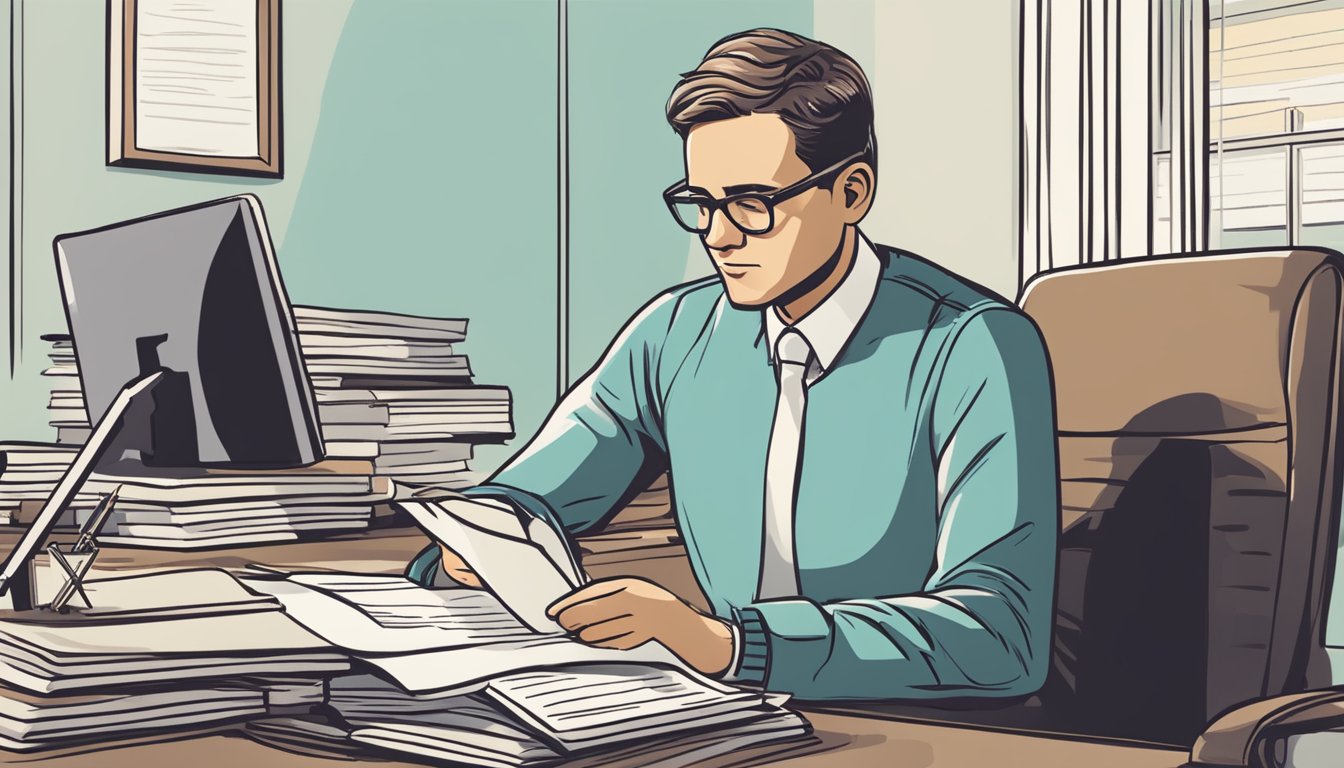 A person sitting at a desk, reading a document titled "Frequently Asked Questions personal loan for salaried." The person has a pen in hand, appearing thoughtful