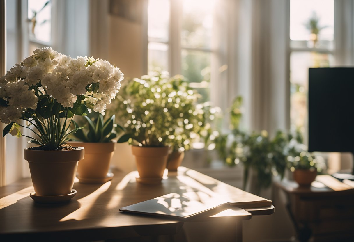A cozy living room with floral wallpaper, a vintage desk, and a potted plant. Sunlight streams through the window, casting a warm glow on the room