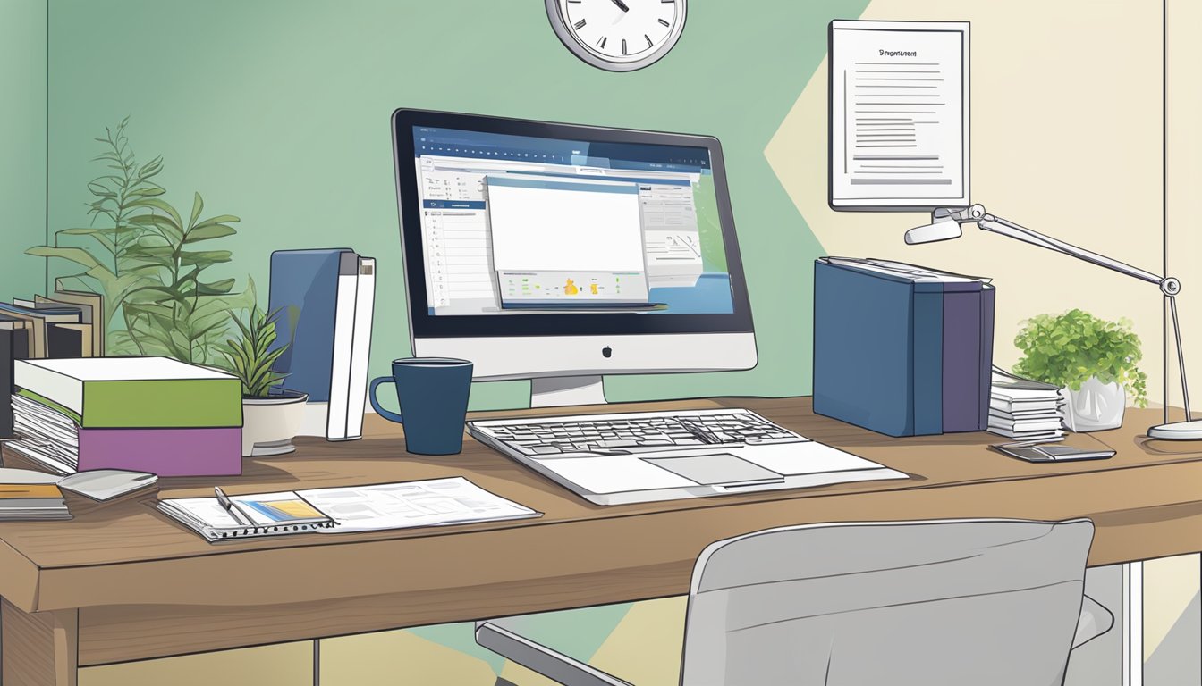 A desk with a computer, paperwork, and a POSB logo. A clock on the wall shows the passage of time