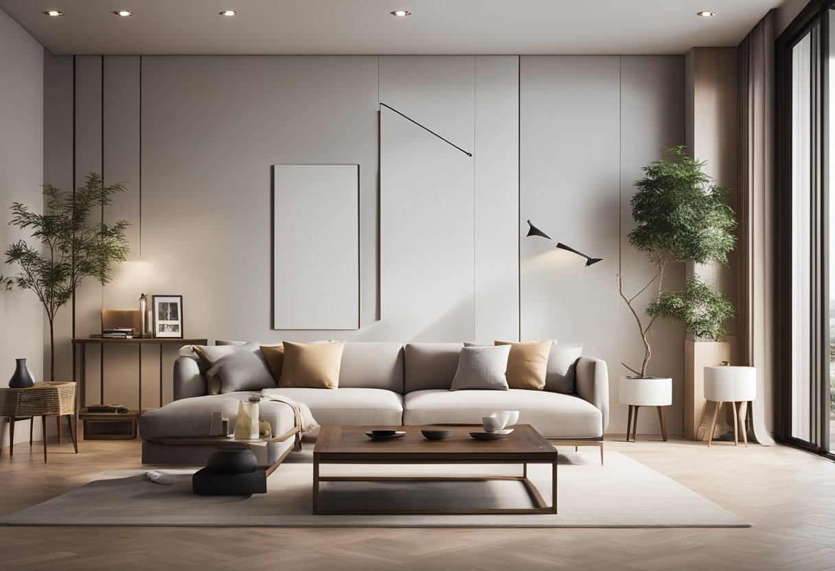 A sleek, minimalist living room with clean lines, low furniture, and neutral colors. Traditional oriental motifs like cherry blossoms or bamboo can be incorporated into the decor