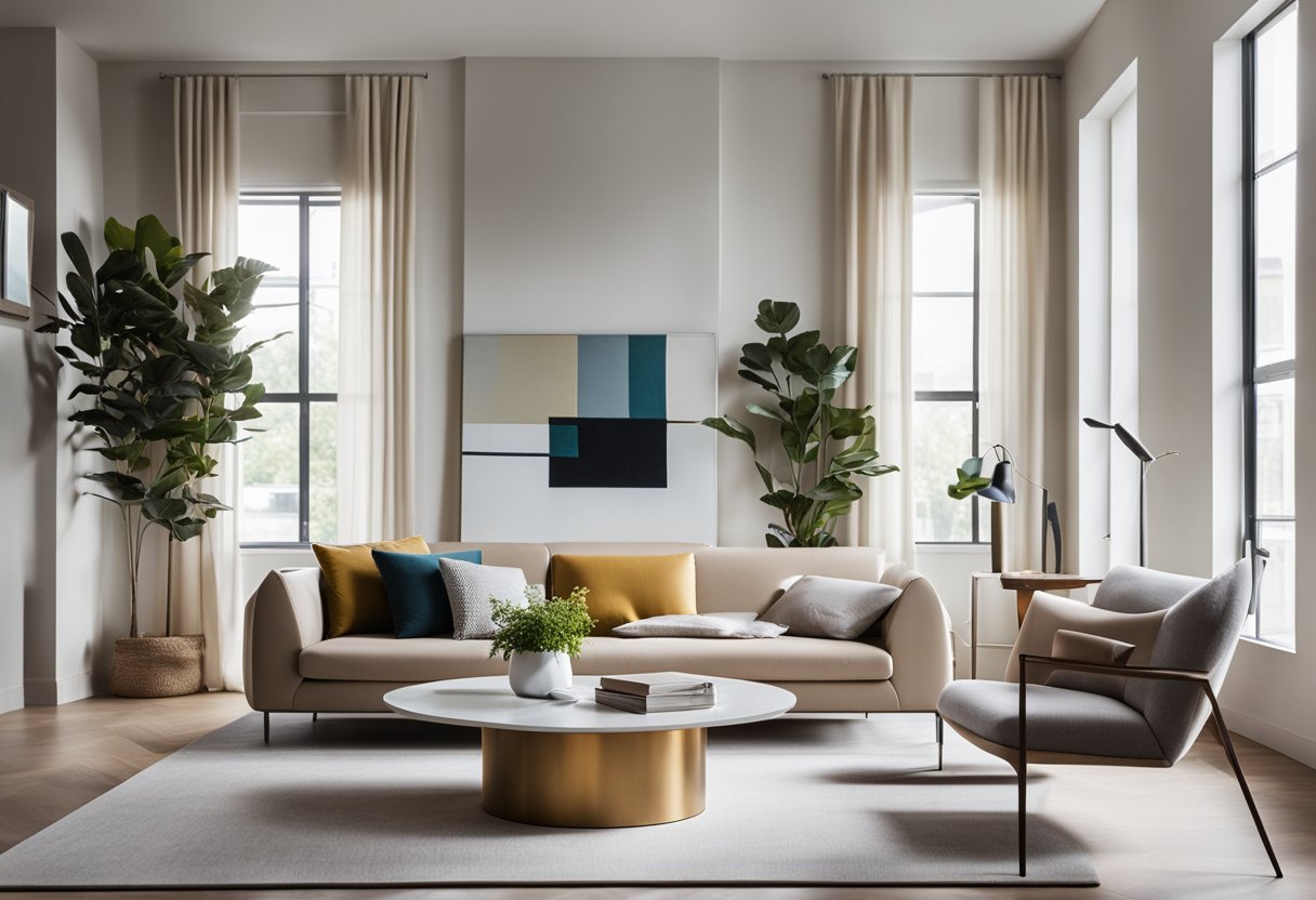 A sleek, minimalist living room with low furniture, clean lines, and neutral colors accented with pops of bold, vibrant hues. A large window allows natural light to flood the space, creating a serene and inviting atmosphere