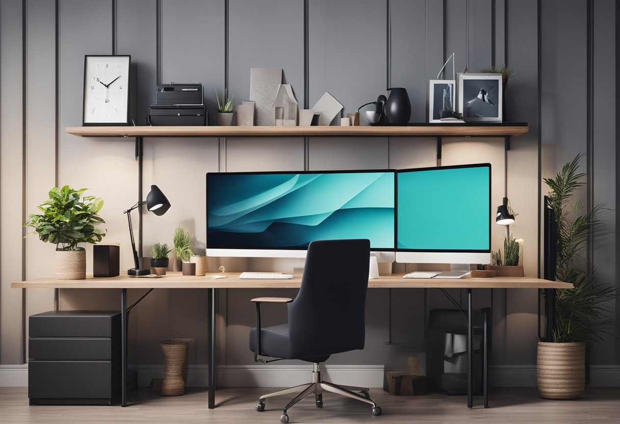 A modern office desk with a computer monitor displaying interior design wallpapers, surrounded by stylish decor and furniture