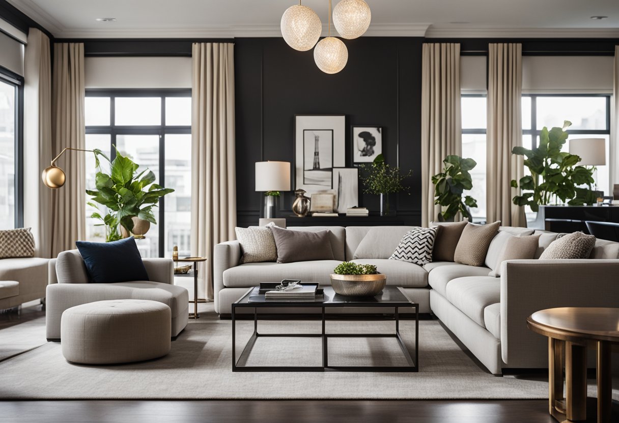 A modern living room with sleek furniture and neutral color palette, accented by bold art and statement lighting