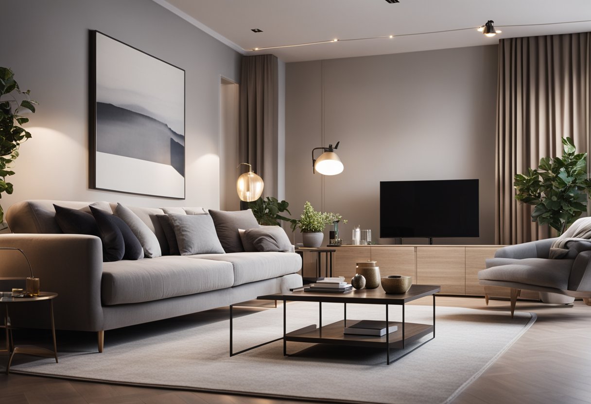 A modern living room with sleek furniture, minimalist decor, and soft lighting, creating a sense of elegance and tranquility
