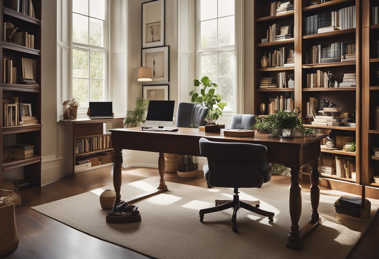 A cozy home office with a large desk, comfortable chair, and plenty of natural light streaming in through a big window. Shelves filled with books and decorative items, and a motivational quote on the wall
