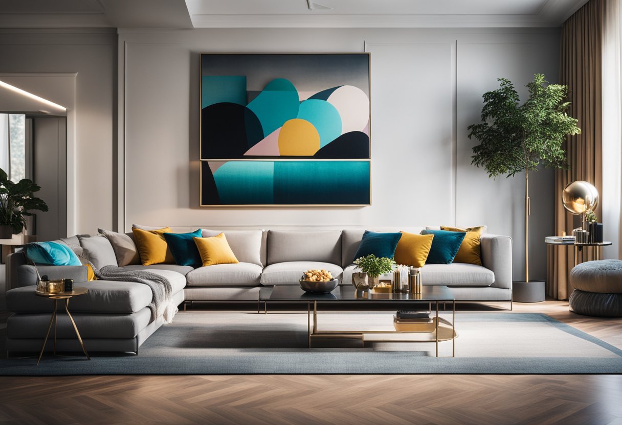 A modern, chic living room with sleek furniture and pops of vibrant color, accented with unique art pieces and luxurious finishes