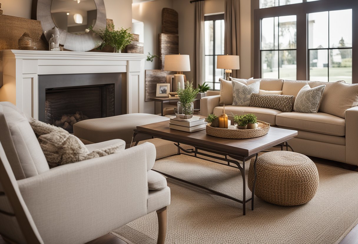 A cozy living room with warm, inviting colors and comfortable furniture arranged in a client-centered approach. Personalized decor and thoughtful design elements create a welcoming space