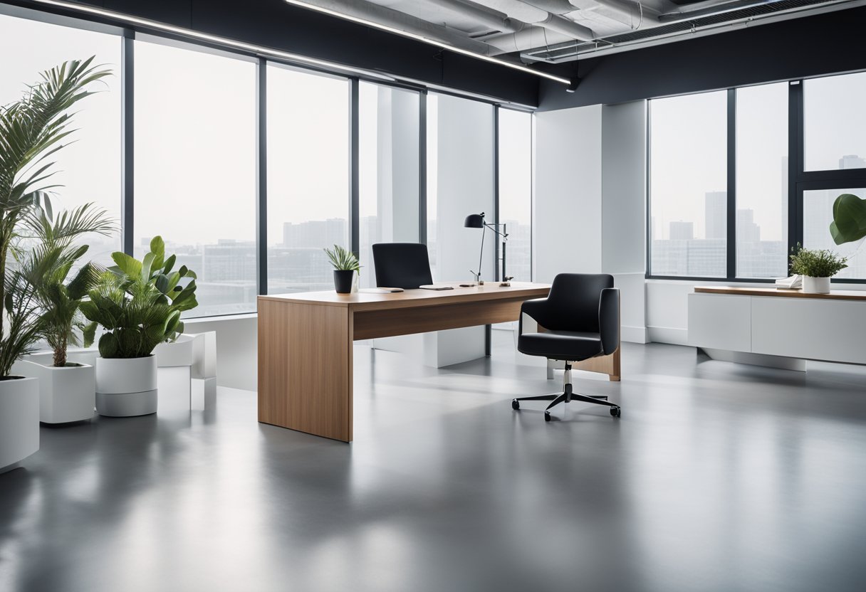 A modern, minimalist office space with sleek furniture and clean lines. A reception area with a stylish desk and comfortable seating. Bright, natural light floods the room, creating a welcoming atmosphere