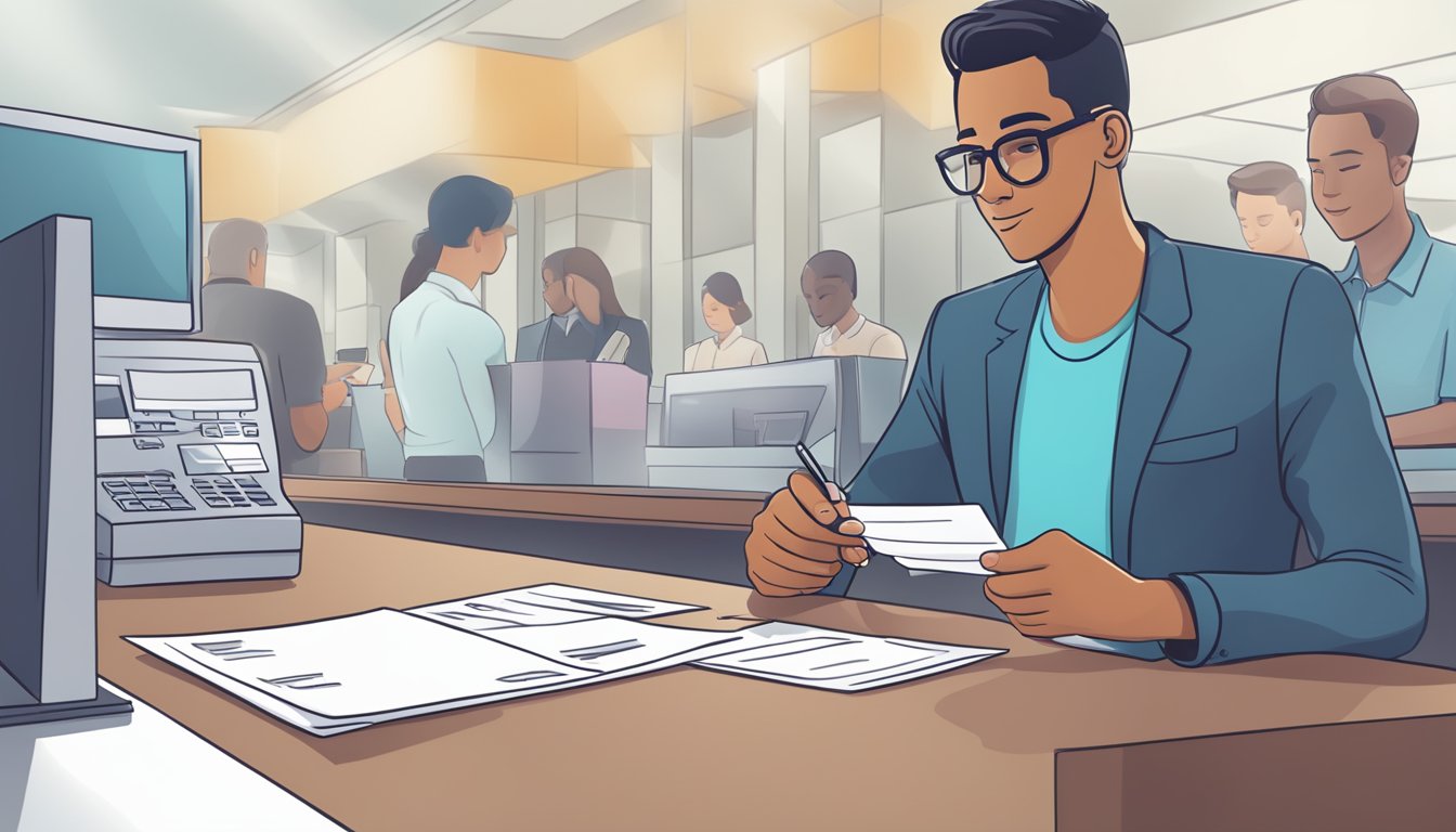 A person holding a valid ID and filling out a loan application form at a bank counter