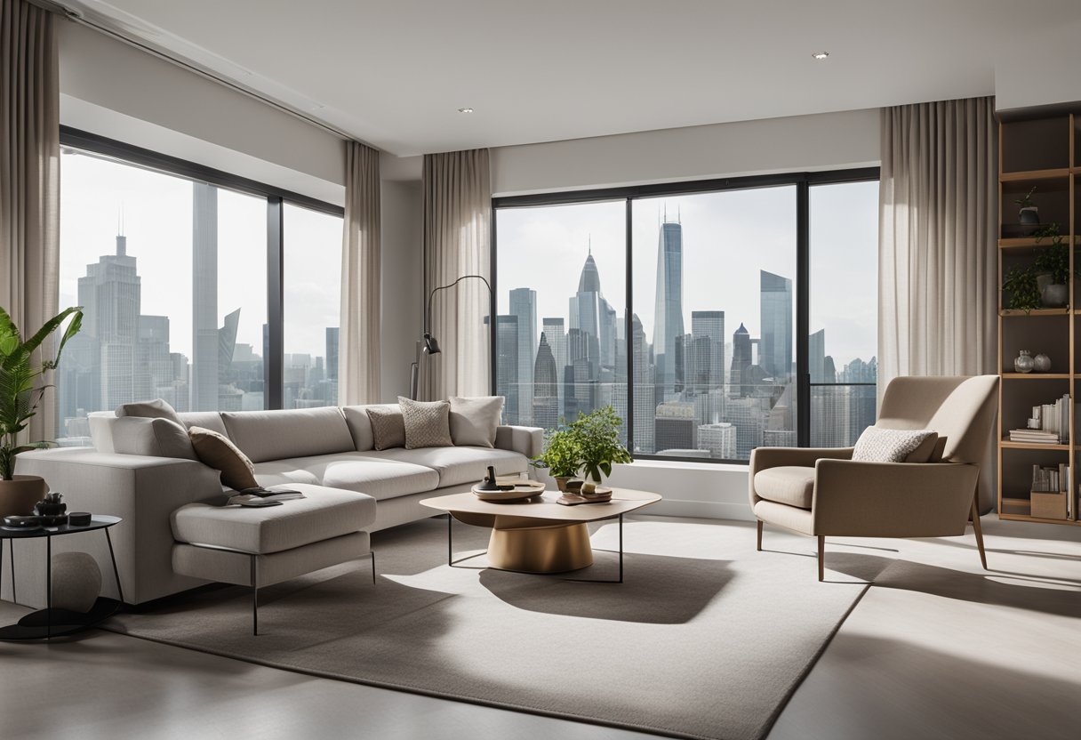 A modern living room with clean lines, neutral color palette, and pops of bold accent colors. Minimalist furniture with sleek finishes and geometric shapes. Large windows let in natural light, showcasing the city skyline