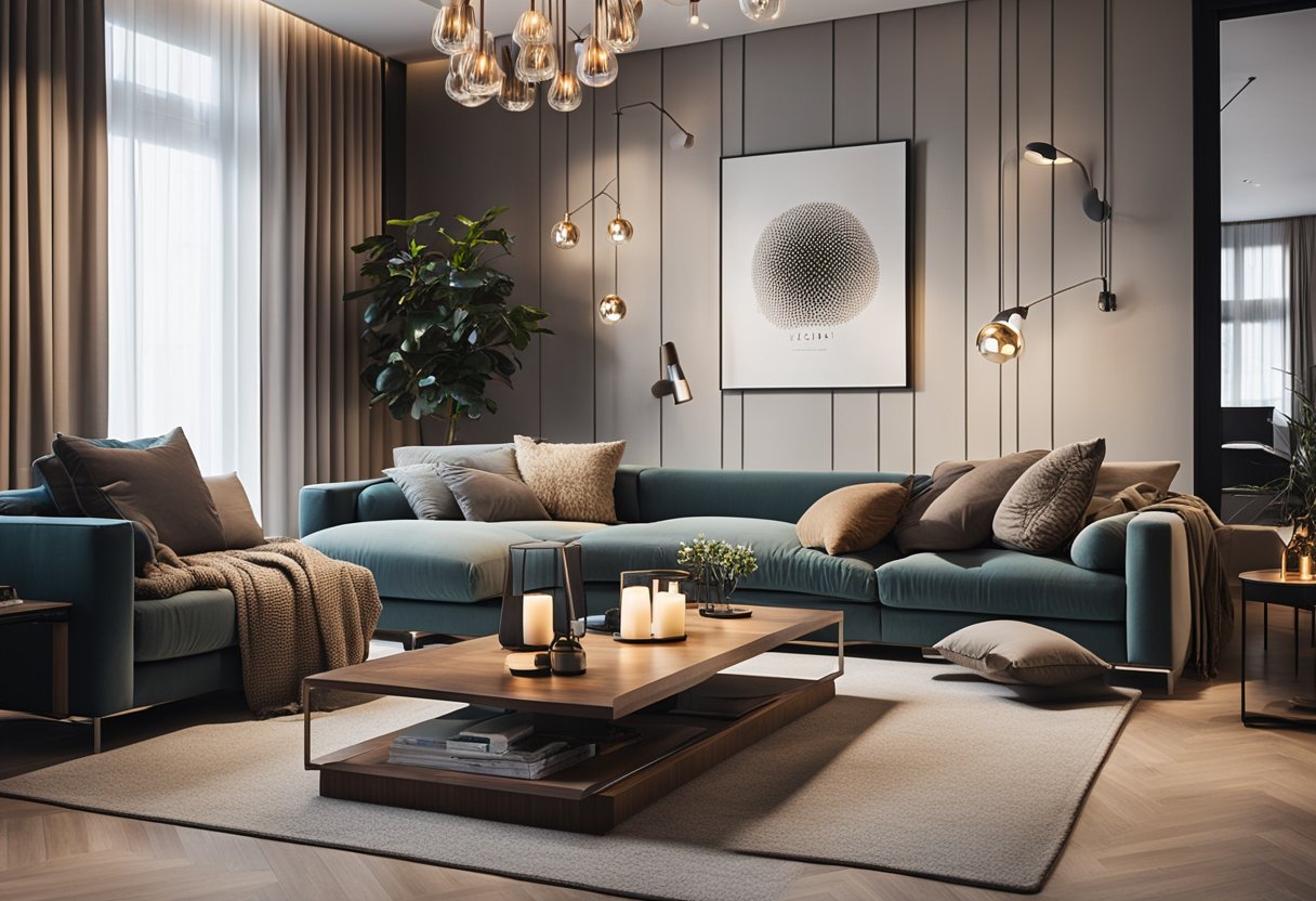 A cozy living room with modern furniture and warm lighting, showcasing the work of the best residential interior designers