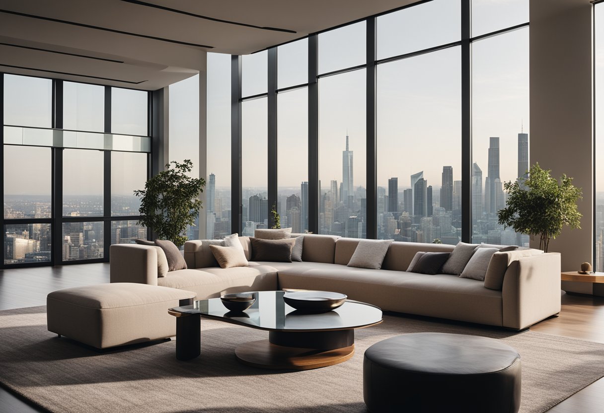 A modern living room with sleek furniture, a neutral color palette, and large windows overlooking a city skyline