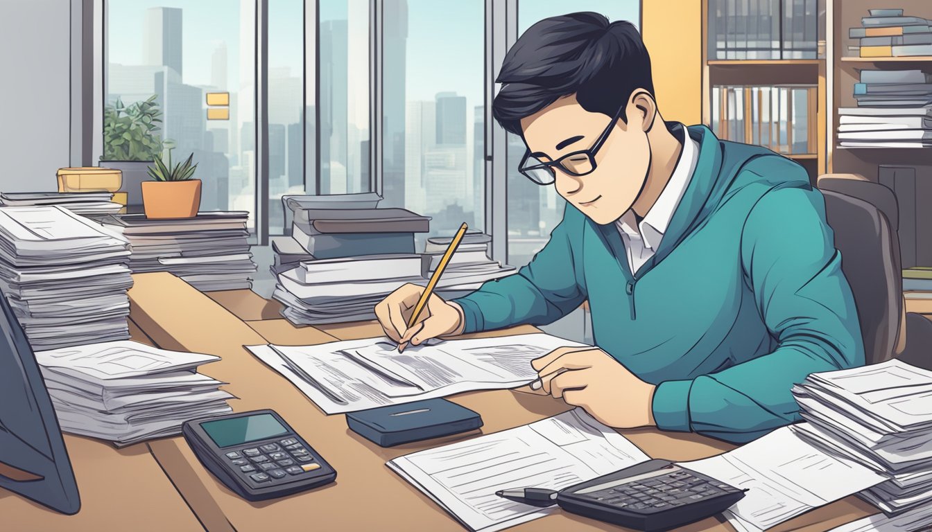 A person sitting at a desk, filling out paperwork for a personal loan from RHB Bank in Singapore. The desk is cluttered with documents and a calculator